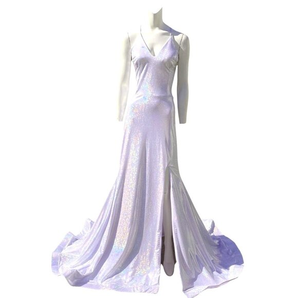 Jessica Angel 908 Silver Bedazzled Open Back Sparkling Gown Size Large NWT - Picture 1 of 7
